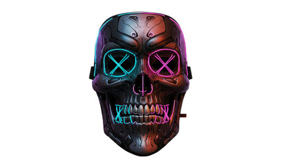 Futuristic skull mask with glowing neon eyes isolated on transparent background, perfect for cyberpunk or halloween