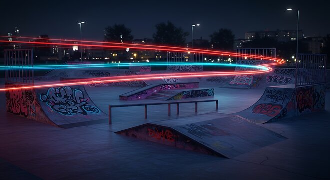 Dynamic neon light trails streak through a graffiti-covered urban skatepark at night