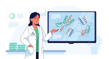 Female scientist presenting research on molecular structure with data analysis for medical