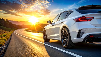 White car on winding road at sunset