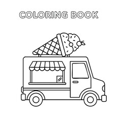 Black and white coloring book illustration of an ice cream truck with a large ice cream cone on top and a serving window