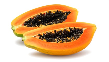 Two halves of a papaya fruit