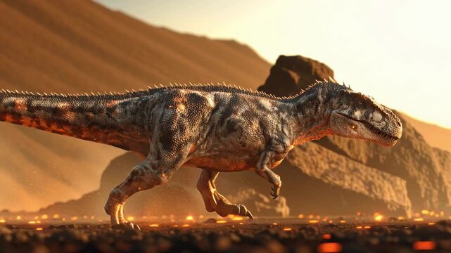 Jurassic Journey: A fearsome Allosaurus strides across an ancient, sun-drenched landscape. The prehistoric predator commands attention.