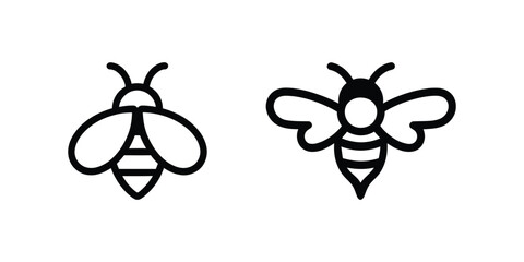 Two Black Bee Icon Illustrations on a White Background, Flying Insects