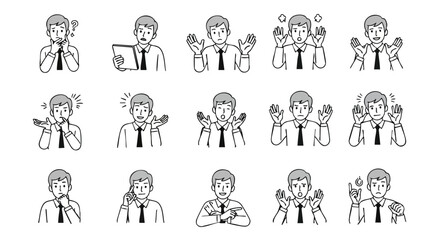 Dynamic businessman expresses a range of emotions and actions in clear, modern illustrations