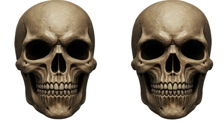 Two human skulls isolated on transparent background, symbolizing mortality, anatomy, and the macabre aspects of life