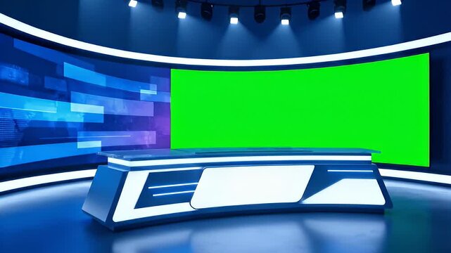 Modern virtual news studio with a central desk and a large green screen for chroma key compositing. Ideal for news broadcasts and presentations.