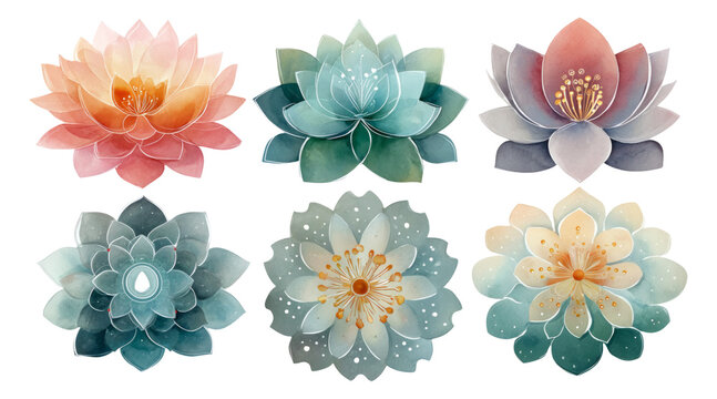 Fototapeta Detailed Collection of Elegant Watercolor Lotus Flowers Isolated on Transparent Background