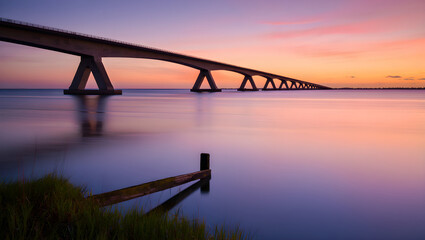 Naklejka premium Long concrete bridge over calm water at sunset with pink sky image