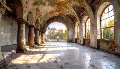 Obraz premium Sunlight streams into an old, arched hall with columns and peeling walls.
