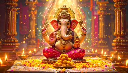 Hindu god Ganesha statue, vibrant temple setting, golden glow