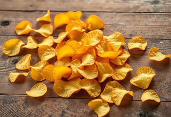 Golden potato chips scattered on rustic wooden table,   farmhouse,  bowl