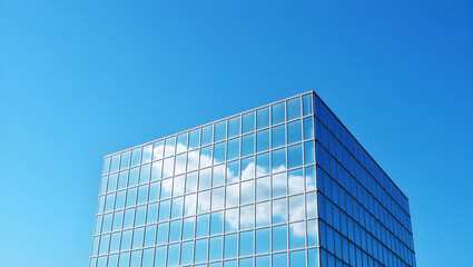 Modern glass building reflecting blue sky and white clouds architecture