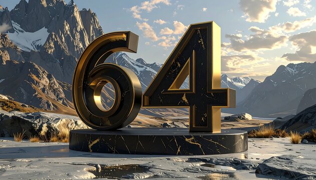 Majestic number sixty-four with mountains in the background scenery