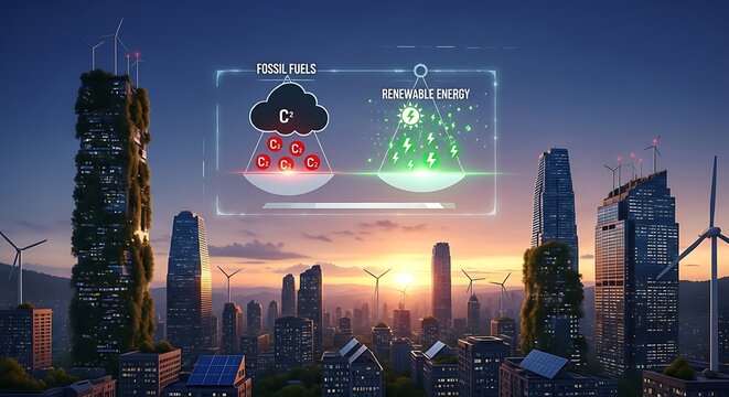 Digital interface showing the transition from fossil fuels to renewable energy over a futuristic green city skyline. - Powered by Adobe