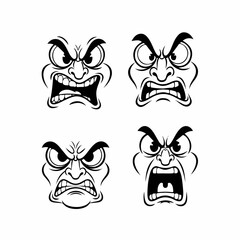 Naklejka premium Four angry cartoon faces with varying expressions of rage, showcasing intense fury and frustration against a plain white background.