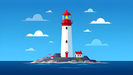 White lighthouse with red roof on rocky island in blue ocean under clouds beacon tower