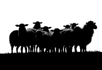 A flock of sheep silhouettes against a stark white background,  fauna,  elegant