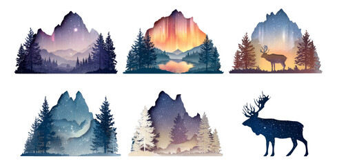 Scenic Mountain Landscapes with Northern Lights and Starry Backgrounds
