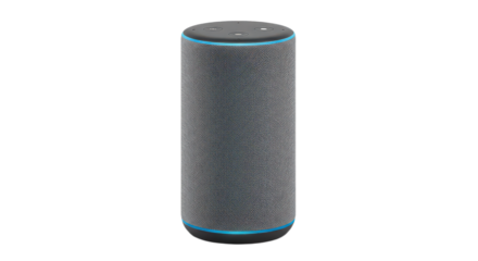 Smart speaker with a black and white patterned design isolated on transparent background, a modern voice assistant device