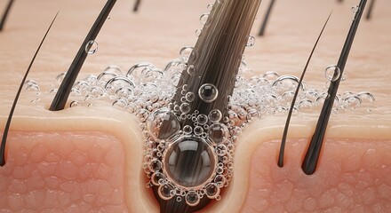 Detailed 3D rendering of a hair follicle on the scalp being cleansed with bubbling serum or shampoo for hair care treatment.