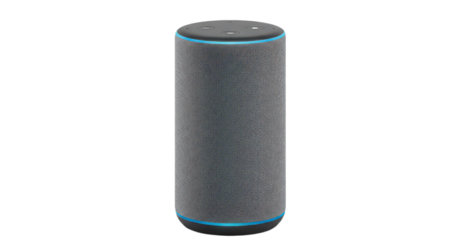 Smart speaker with a black and white patterned design isolated on transparent background, a modern voice assistant device