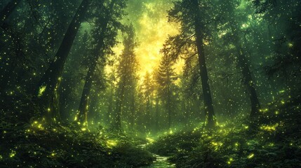 Obraz premium Magical enchanted forest with fireflies and stream.