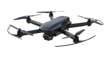 Black drone isolated on transparent background it is a quadcopter with a camera attached for aerial photography