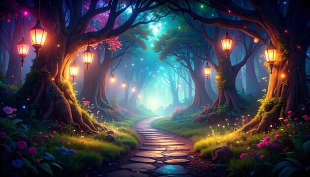 Magical path in a vibrant, luminous forest