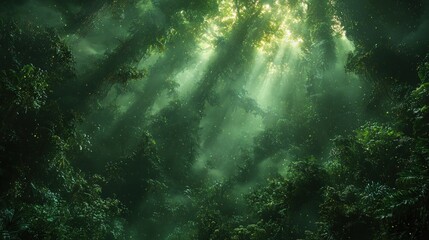 Fototapeta premium Sunbeams illuminate a mystical, fog-filled forest.