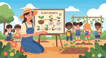Enthusiastic teacher explains plant growth to diverse group of children in garden