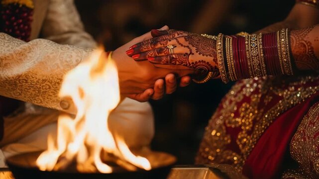 Indian Wedding Ceremony Couple Handfasting with Sacred Fire and Bridal Jewelry