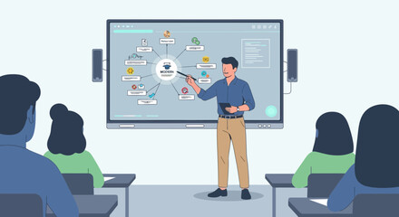 Fototapeta premium Modern learning environment with a teacher explaining a concept to students using technology and