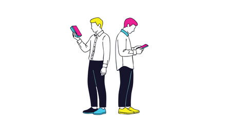Two men absorbed in their smartphones create a modern business connection or digital divide visual.