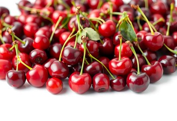 A vibrant pile of fresh, red cherries, isolated on white,  healthy,  juicy