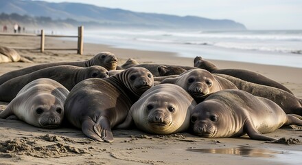 Elephant Seals Resting on Sandy Beach.