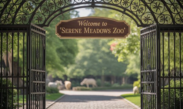 Ornate iron gate entrance to a park or wildlife sanctuary with animals visible in the background