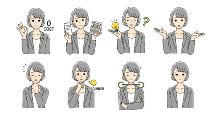 Diverse business woman emotions and actions showing thinking, questioning, and problem-solving scenarios