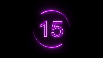 A dynamic circular animation, and glowing neon number 15 animation . on a black background. and creating a stunning video.4k video	
