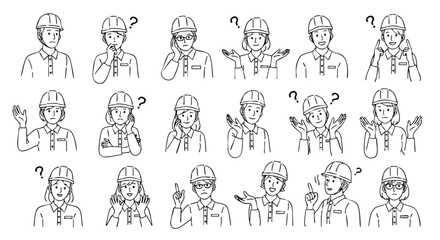 Diverse construction workers express confusion, thought, and curiosity with expressive line art faces.