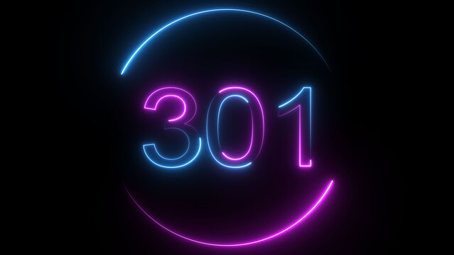 A dynamic circular illustration, and glowing neon number 301 illustration . on a black background. and creating a stunning illustration 4k illustration	