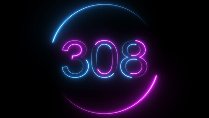 A dynamic circular illustration, and glowing neon number 308 illustration . on a black background. and creating a stunning illustration 4k illustration	