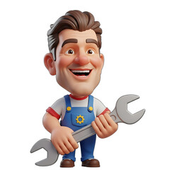 Friendly Cartoon Mechanic Holding Wrench 3D Illustration