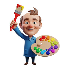 Smiling 3D rendered male artist character in a blue smock holding creative tools, a colorful paint palette and brush
