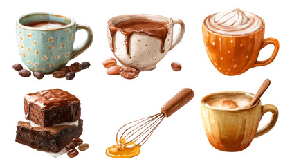 Colorful Coffee Mugs and Brownies Collection with Whisk on Transparent Background