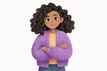 Young girl with captivating curly hair wearing a cozy purple cardigan expresses determination and tranquility while standing confidently against a soft pastel backdrop showcasing modern
