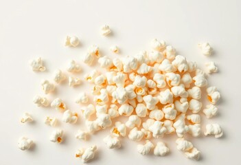 Fluffy popcorn kernels scattered on a pristine white surface,   yellow,   golden