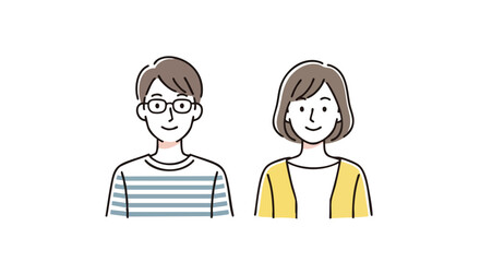 Friendly couple smiling, diverse representation in clean illustration style for modern projects