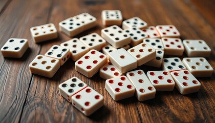 A set of dominoes scattered on a rustic wooden table,  domino,  details