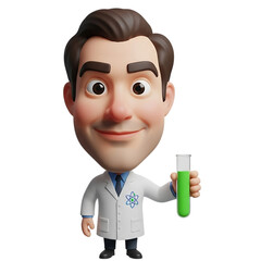 Smiling cartoon scientist holds a test tube with bright green liquid.